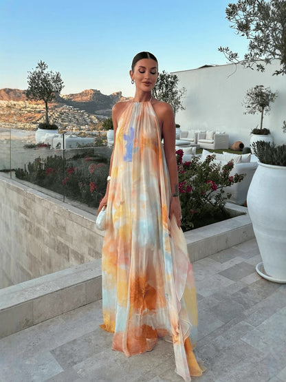 SUPERVALUECHOICE HCSEAA00027 Halter Neck Flowy Abstract Print Maxi Dress