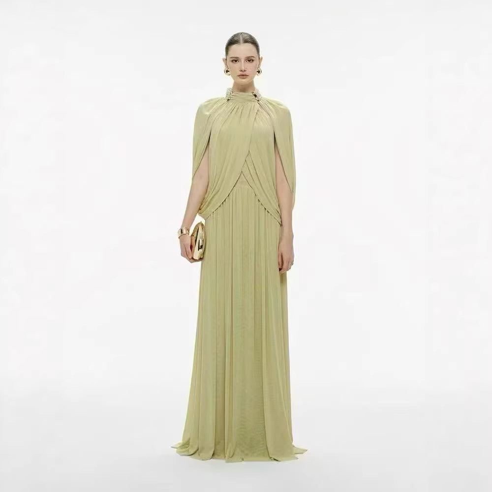 SUPERVALUECHOICE HCSEAA00010 Ruched Cape-Overlay O-Neck Sheath Maxi Dress