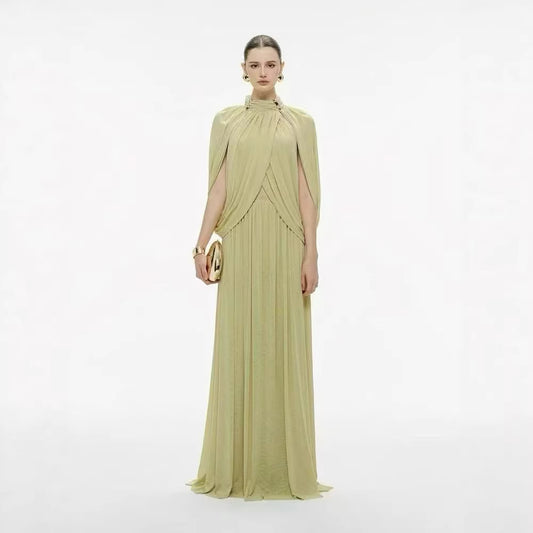 SUPERVALUECHOICE HCSEAA00010 Ruched Cape-Overlay O-Neck Sheath Maxi Dress
