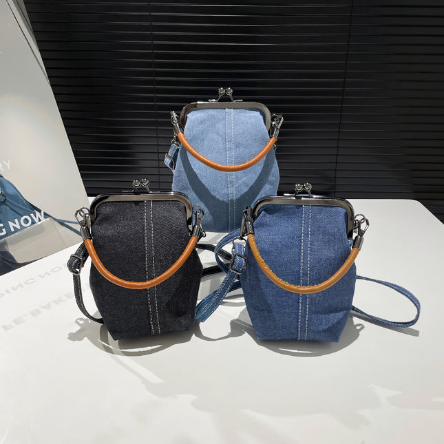 SuperValueChoice HCSEFA00009 Women's Retro Style Kiss Lock Mini Handbag With Adjustable Shoulder Strap, Solid Color Lightweight City Tote Bag 7.08''×3.93''×3.54''