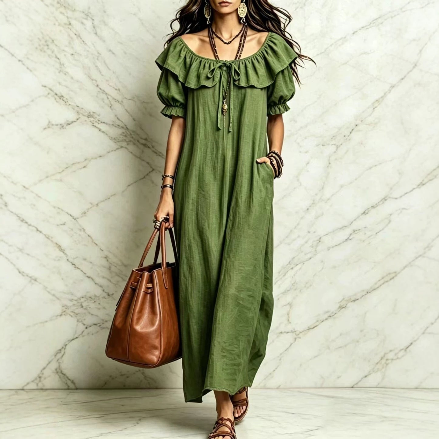 SUPERVALUECHOICE HCSEAA00049 Ruffled Off-the-Shoulder Maxi Dress
