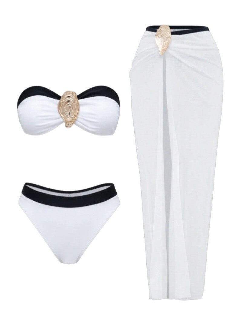 SUPERVALUECHOICE HCSEBA00006 White Solid Bikini Set Beach Skirt