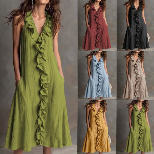 SUPERVALUECHOICE HCSEAA00047 Women's Fashion Solid-Color Sleeveless Cotton-Linen V-Neck Flared Dress with Ruffles