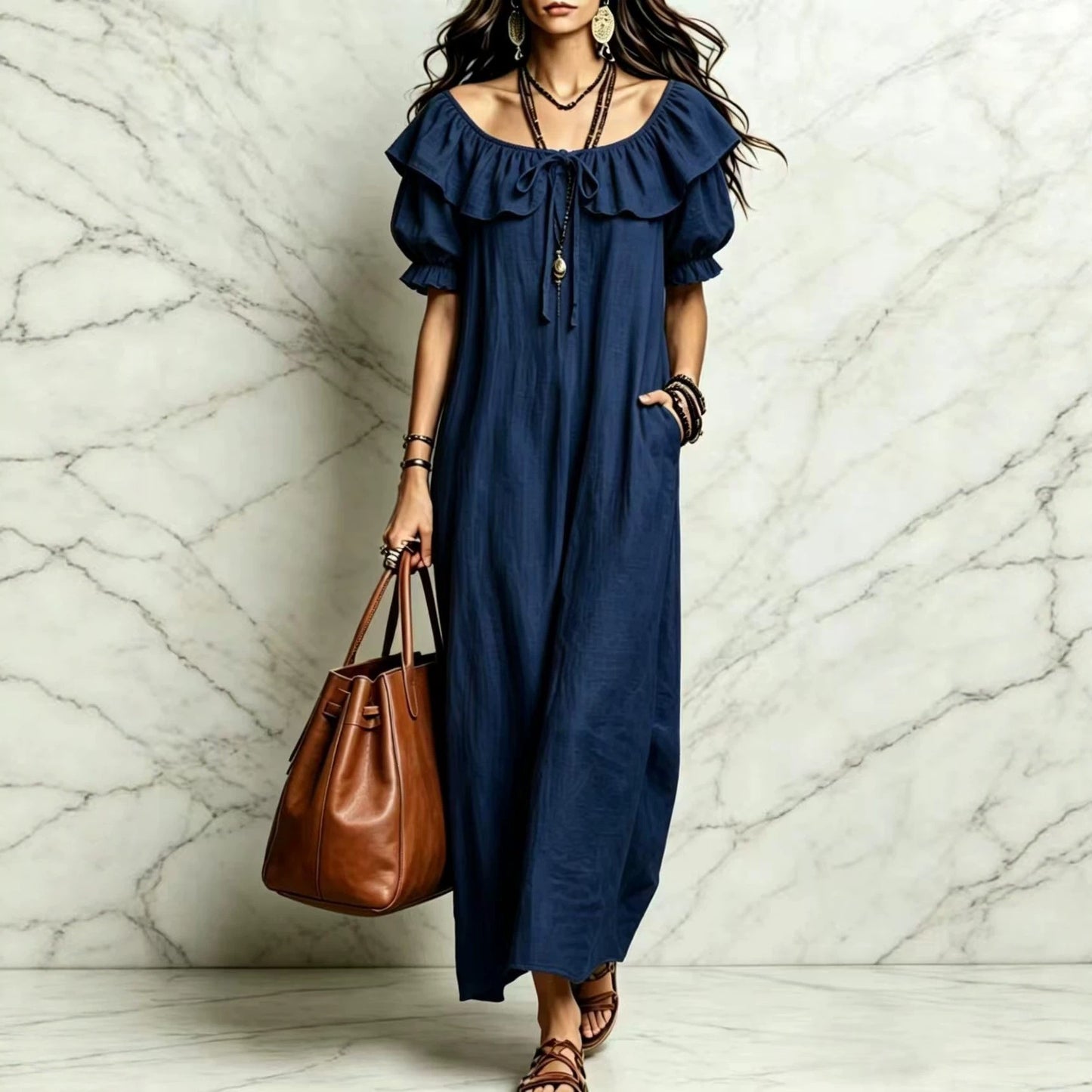 SUPERVALUECHOICE HCSEAA00049 Ruffled Off-the-Shoulder Maxi Dress