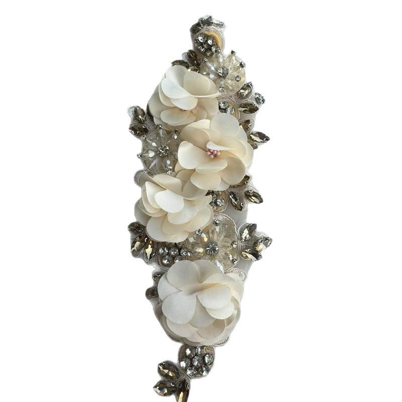 SUPÊR VÃLUE CHOICE  HCSEYD00003 3D White Fabric Flower Rhinestone Bridal Sash Applique Crystal Floral Embellishment Patch for Wedding Dress Gown Belt DIY Craft Decor 4.33"