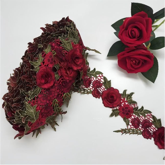 SuperValueChoice HCSEOA00012 Vintage Wine Red 3D Rose Flower Guipure Lace Trim Green Leaf Embroidery Ribbon Sew On Lace Applique for Jeans Wedding Gown Qipao Craft Supply