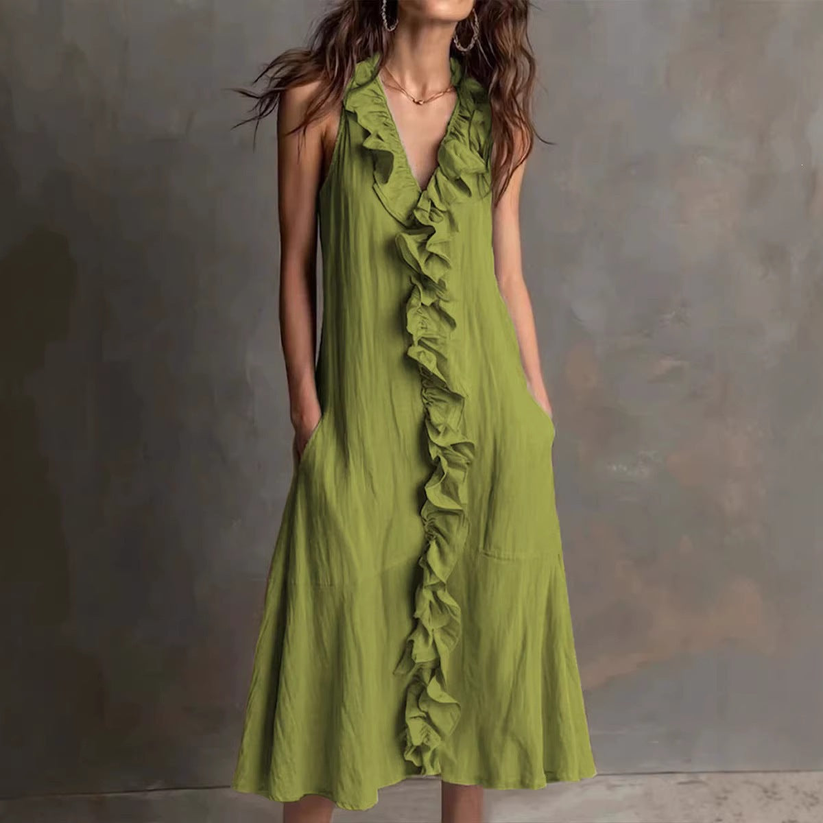 SUPERVALUECHOICE HCSEAA00047 Women's Fashion Solid-Color Sleeveless Cotton-Linen V-Neck Flared Dress with Ruffles