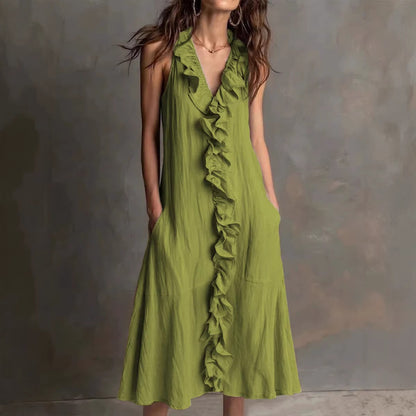 SUPERVALUECHOICE HCSEAA00047 Women's Fashion Solid-Color Sleeveless Cotton-Linen V-Neck Flared Dress with Ruffles