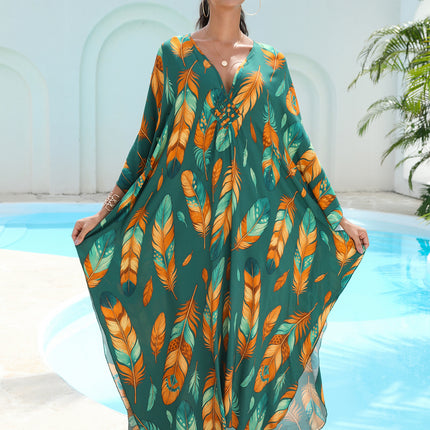 SUPERVALUECHOICE HCSEAD00007 Oversized Kaftan Maxi Dress, V‑Neck Batwing Sleeve Loose Long Caftan, Bohemian Beach Cover‑Up for Women, Plus Size Friendly