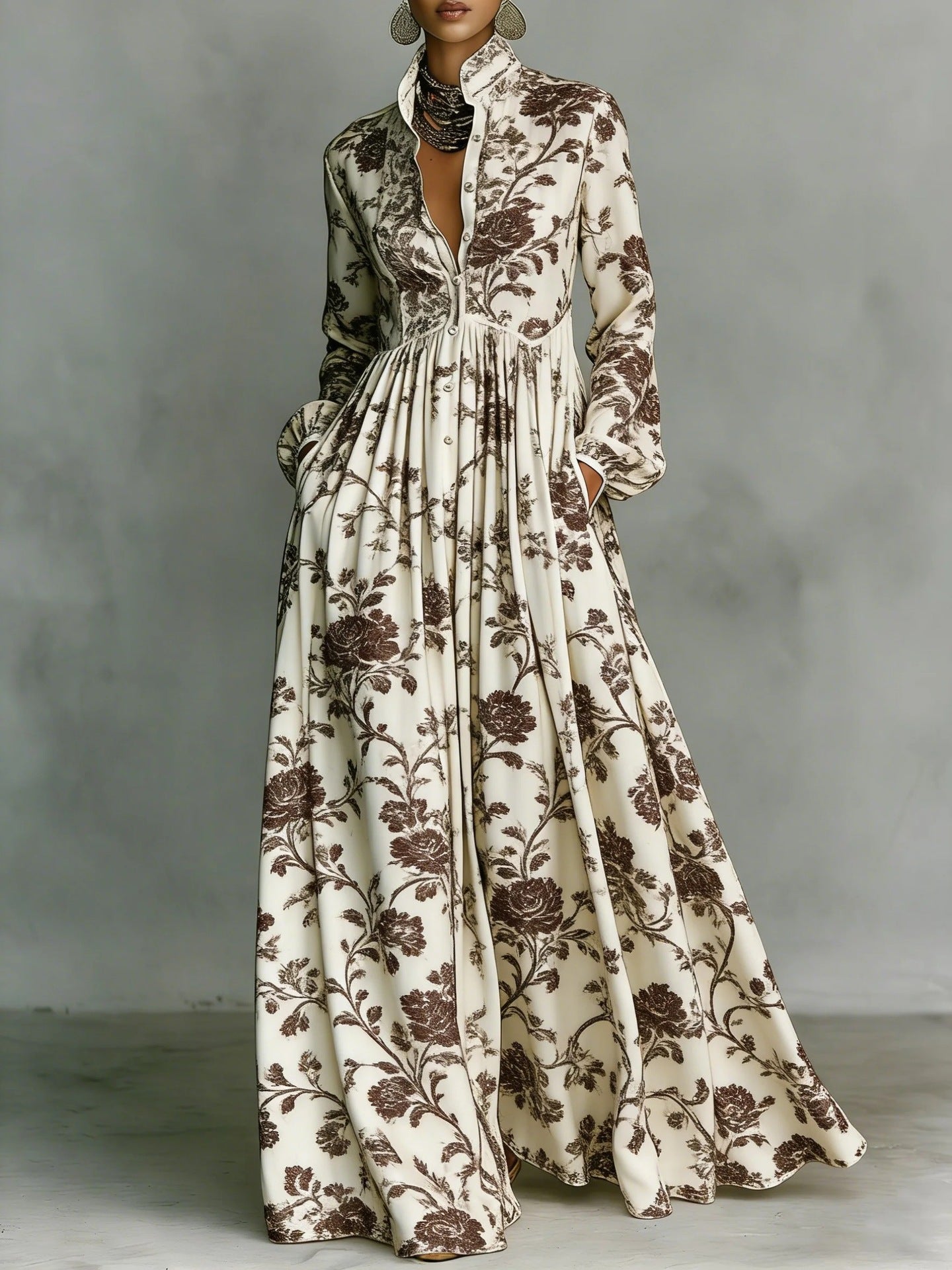SUPERVALUECHOICE HCSEAA00044 Floral Print Stand Collar Long Sleeve Casual Maxi Dress with Pockets