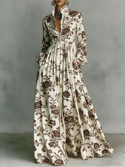 SUPERVALUECHOICE HCSEAA00044 Floral Print Stand Collar Long Sleeve Casual Maxi Dress with Pockets