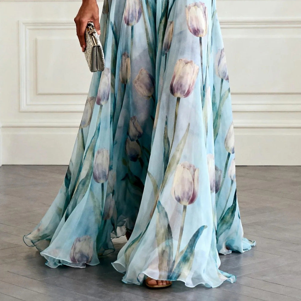 SUPERVALUECHOICE HCSEAA00035 Elegant Tulip Print V-neck Maxi Dress