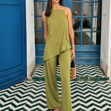SUPERVALUECHOICE HCSEBB00028  GREEN ASYMMETRIC DRAPED TOP AND MATCHING TROUSERS Co Ord Set
