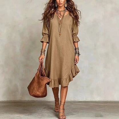 SUPERVALUECHOICE HCSEAA00048 Boho Ruffled Hem Three-Quarter Sleeve Midi Dress