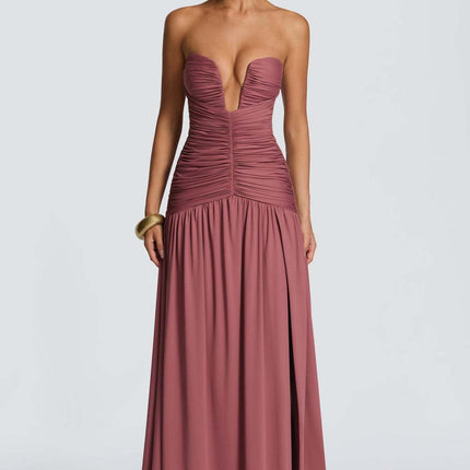 SUPERVALUECHOICE HCSEAA00073 Women’s Strapless Ruched Backless Maxi Dress – Sexy High Slit Draped Evening Gown for Wedding Guest, Prom & Formal Party