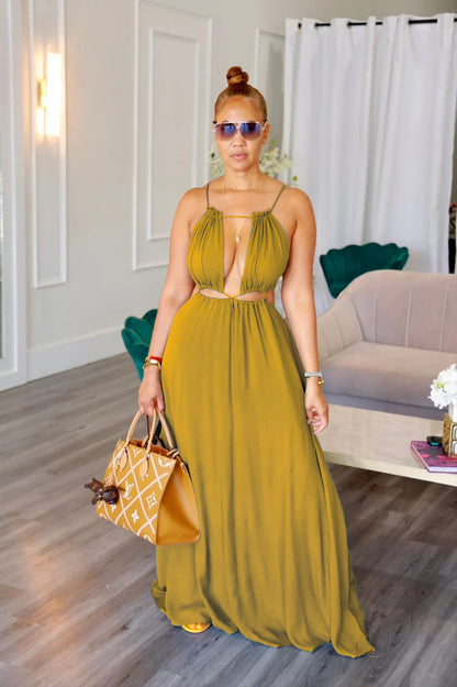SUPERVALUECHOICE HCSEAA00066 Womens Summer Dress Spaghetti Strap Halter Sleeveless Sexy Cutout Boho Maxi Sundress Beach Vacation Dresses