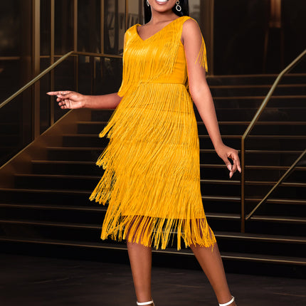 SUPERVALUECHOICE HCSEAA00080 V‑Neck Sleeveless Layered Fringe Midi Party Dress, Flapper Evening Cocktail Dress
