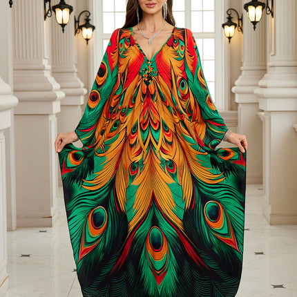 SUPERVALUECHOICE HCSEAD00007 Oversized Kaftan Maxi Dress, V‑Neck Batwing Sleeve Loose Long Caftan, Bohemian Beach Cover‑Up for Women, Plus Size Friendly