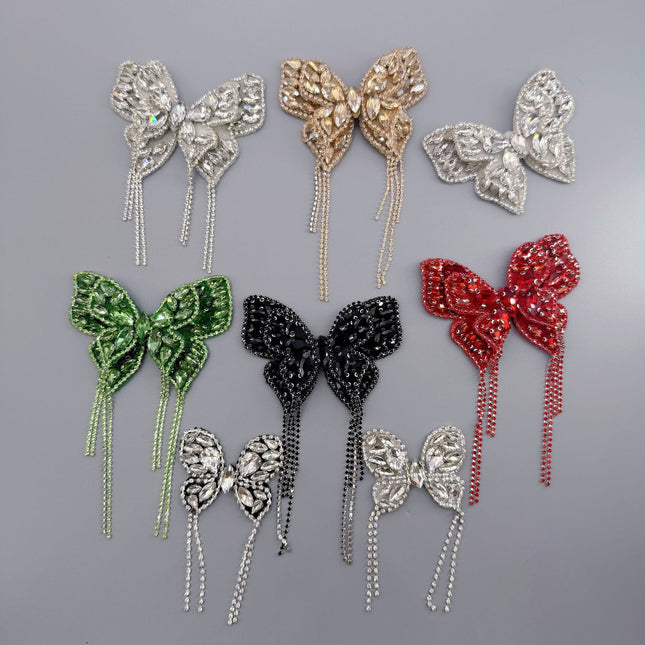 SUPÊR VÃLUE CHOICE  HCSEYD00007 Crystal Rhinestone Butterfly Patch with Chain Tassel Multicolor Floral Butterfly Embellishment Applique for Clothing Decor