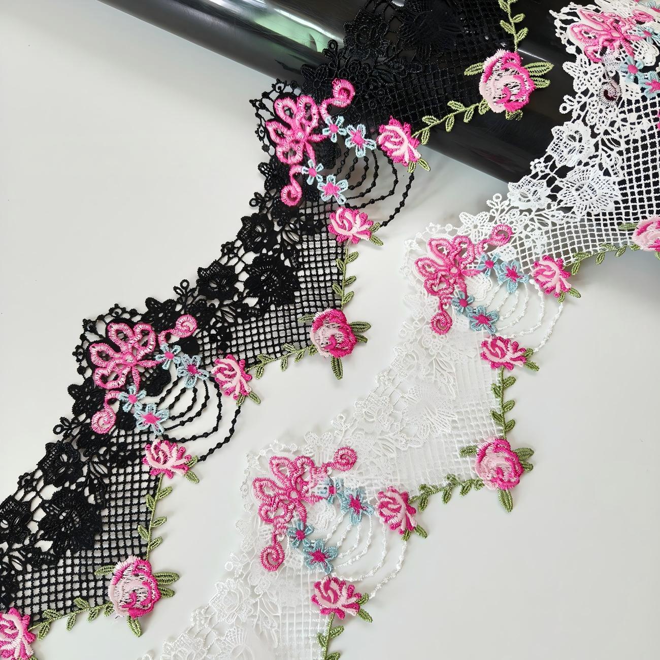 SuperValueChoice HCSEOA00015 Pink Rose Floral Guipure Lace Trim Black White Mesh Embroidery Sewing Ribbon DIY Clothing Bag Decor Lace