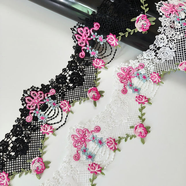 SuperValueChoice HCSEOA00015 Pink Rose Floral Guipure Lace Trim Black White Mesh Embroidery Sewing Ribbon DIY Clothing Bag Decor Lace