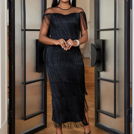 SUPERVALUECHOICE HCSEAA00079 Women's Mesh Illusion Neck Tiered Fringe Midi Dress, Formal Party Bodycon Cocktail Dress