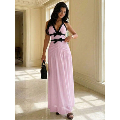 SUPERVALUECHOICE HCSEAA00023 Halter Neck Bow-Contrast Chiffon Maxi Dress