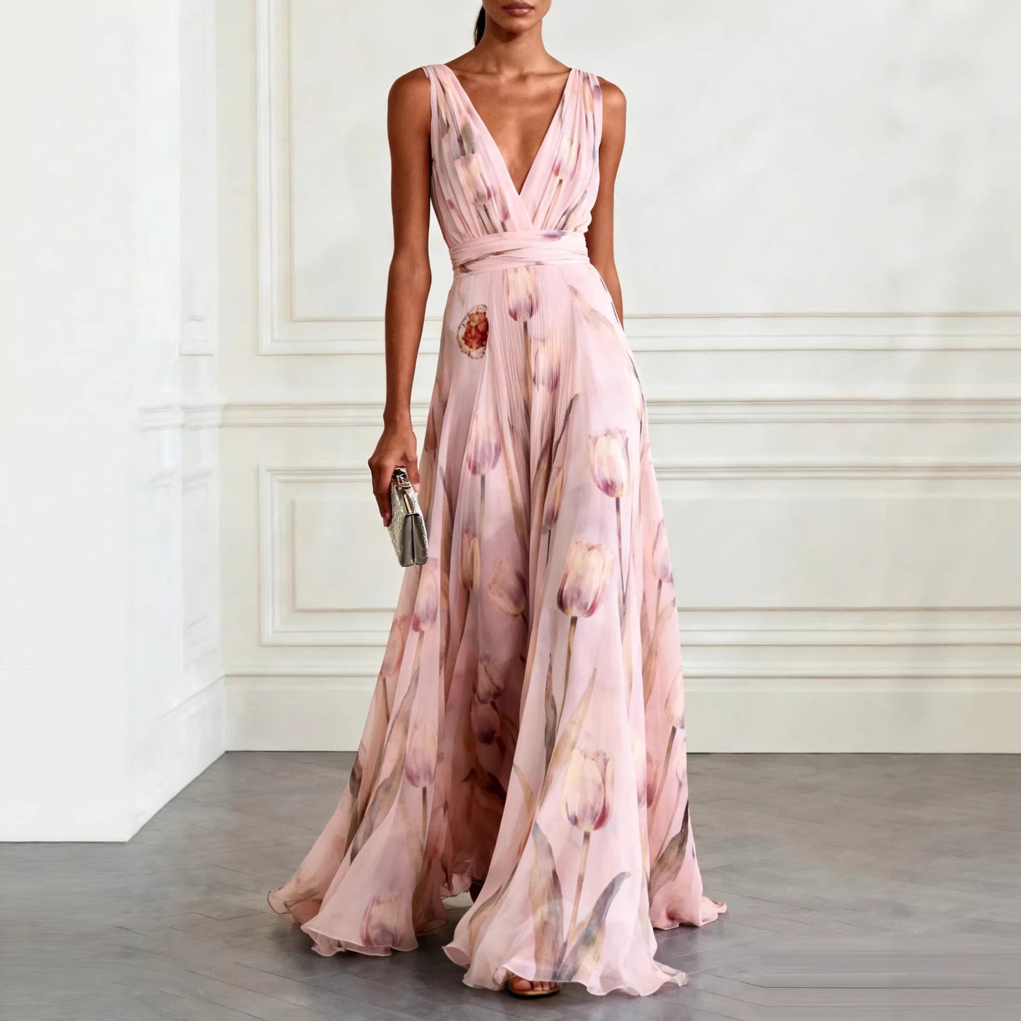 SUPERVALUECHOICE HCSEAA00035 Elegant Tulip Print V-neck Maxi Dress