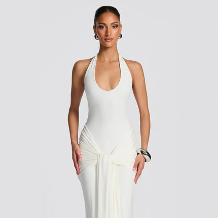 SUPERVALUECHOICE HCSEAA00072 Sexy Halter Bodycon Maxi Dress for Women – Scarf Detail Patchwork Evening Gown