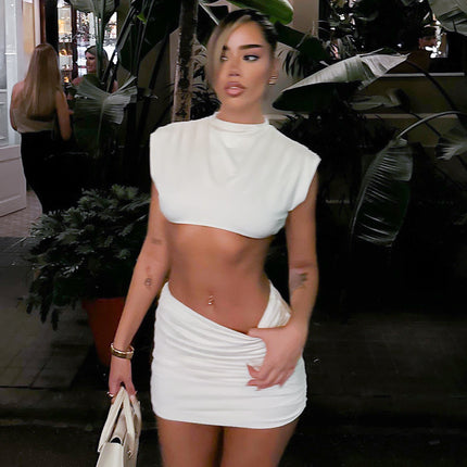 SUPERVALUECHOICE HCSEBA00005 White Mock Neck Sleeveless Crop Top & Ruched Mini Skirt Two Piece Set