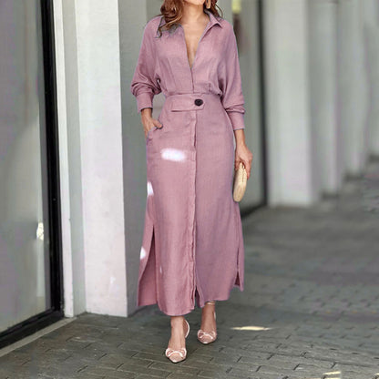 SUPERVALUECHOICE HCSEWO0001 Lace-up Solid Color Waist Long Sleeve Irregular Shirt Dress