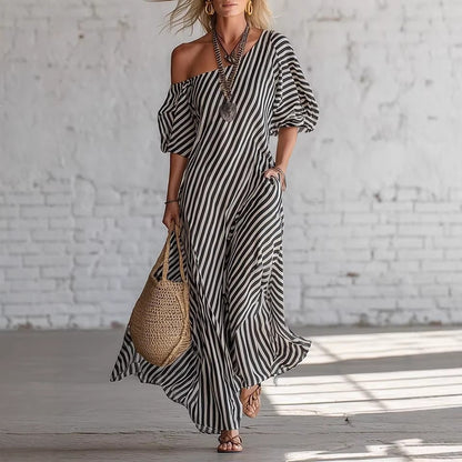 SUPERVALUECHOICE HCSEAA00050 Striped One-Shoulder Puff Sleeve Maxi Dress