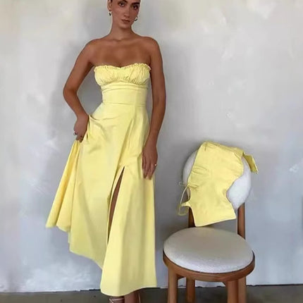 SUPERVALUECHOICE HCSEAA00068 Elegant Summer 2 Piece Outfit Strapless Tube Top High Waist Slit Midi Skirt Matching Set For Women