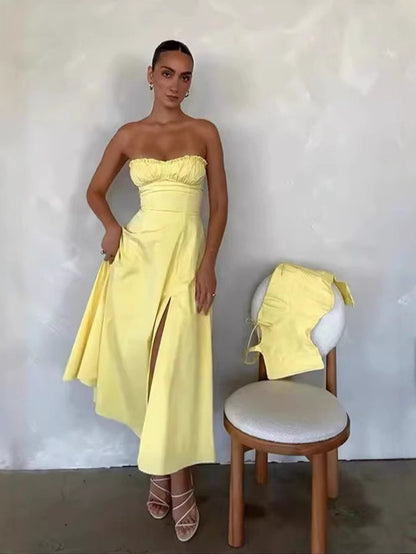 SUPERVALUECHOICE HCSEAA00068 Elegant Summer 2 Piece Outfit Strapless Tube Top High Waist Slit Midi Skirt Matching Set For Women