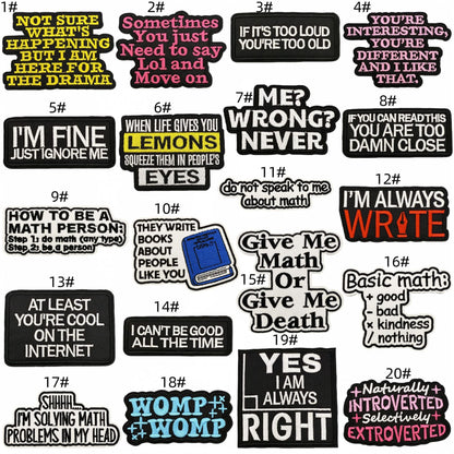 SUPERVALUECHOICE HCSEYSB00031 20Pcs Funny Math Meme Slogan Embroidered Iron On Patches Casual Garment DIY Decor Appliques