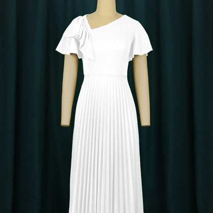 SUPERVALUECHOICE HCSEAA00081 Women's Short Sleeve Asymmetrical Ruffles High Waist Pleated Hem Midi Spring Dress