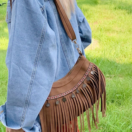 SuperValueChoice HCSEFA00034 Vintage Suede Fringe Shoulder Bag Women Studded Crossbody Purse