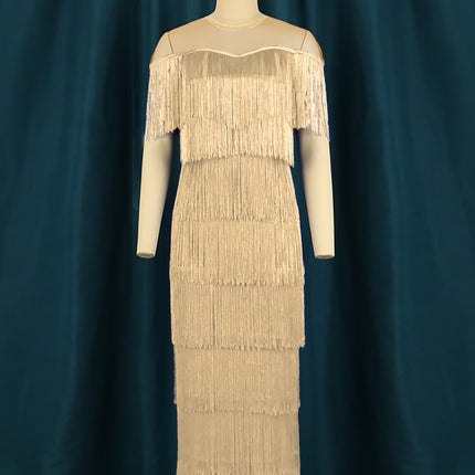 SUPERVALUECHOICE HCSEAA00079 Women's Mesh Illusion Neck Tiered Fringe Midi Dress, Formal Party Bodycon Cocktail Dress
