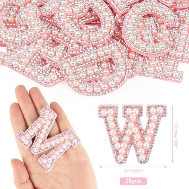 SUPERVALUECHOICE HCSEYH00005 26Pcs Pearl Rhinestone Letter Patches Self Adhesive A-Z, Stick on Pearl Letter Patches for Clothes, Fabric, Backpack (Pink)