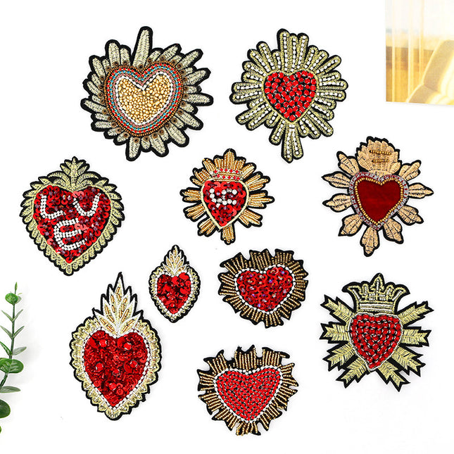 SUPÊR VÃLUE CHOICE  HCSEYD00014 Sacred Heart Sequin Beaded Applique Gold Radiant Heart Rhinestone Sew On Patch for Jacket Jeans Tote Bag DIY Craft Decor