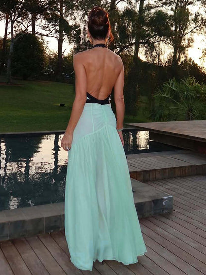 SUPERVALUECHOICE HCSEAA00022 Elegant V-neck Bow Chiffon Flowing Maxi Dress