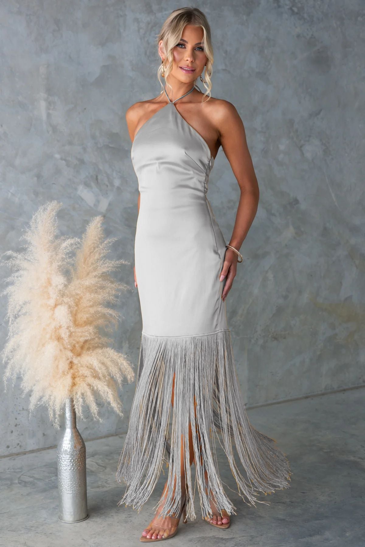 SUPERVALUECHOICE HCSEAC00008 Halter Neck Satin Fringe Midi Dress