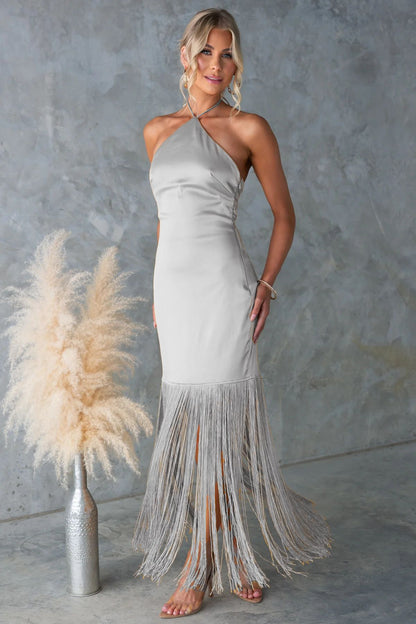 SUPERVALUECHOICE HCSEAC00008 Halter Neck Satin Fringe Midi Dress