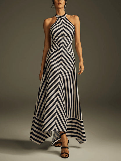 SUPERVALUECHOICE HCSEAA00031 Halter Neck Striped Asymmetrical Maxi Dress