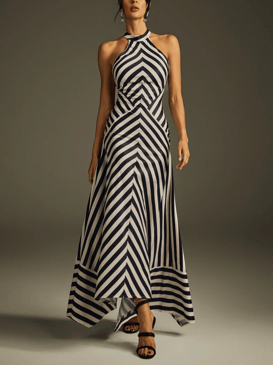 SUPERVALUECHOICE HCSEAA00031 Halter Neck Striped Asymmetrical Maxi Dress