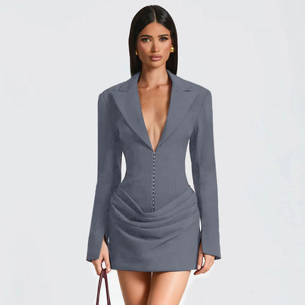 SUPERVALUECHOICE HCSEAC00024 Corset Waist Blazer Dress Deep V Neck Ruched Long Sleeve Mini Party Dress