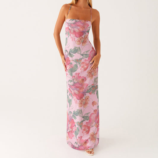 SUPERVALUECHOICE HCSEAA00026 Floral Lace-Up Back Maxi Dress | Strappy Summer Vacation Dress