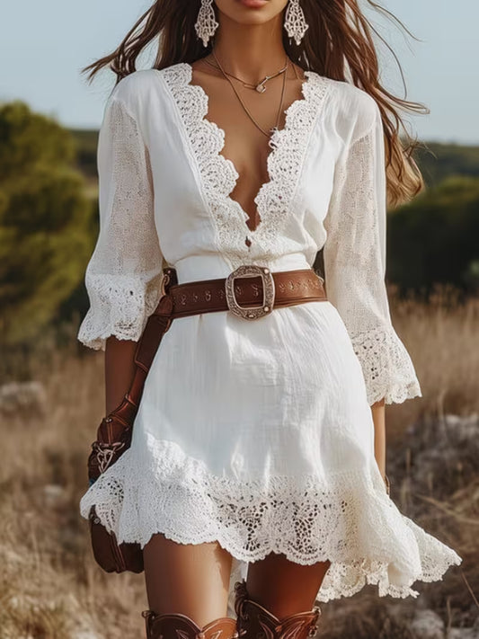 SUPERVALUECHOICE HCSEAA00042 Solid Color V-neck Lace Trim Slim-fit Mini Dress