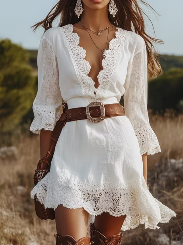 SUPERVALUECHOICE HCSEAA00042 Solid Color V-neck Lace Trim Slim-fit Mini Dress