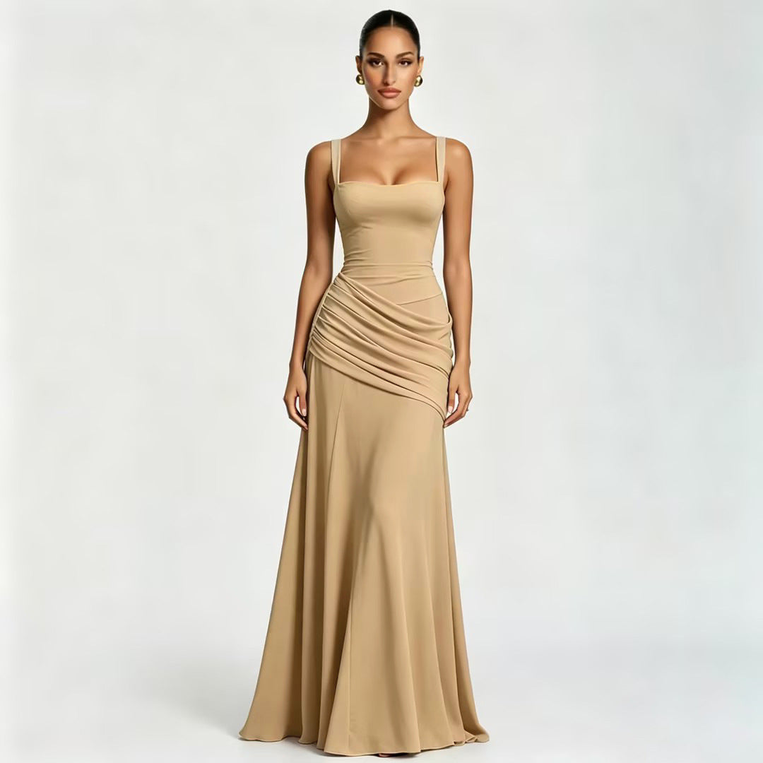 SUPERVALUECHOICE HCSEAA00004 Square Neck Ruched Waist Chiffon Maxi Dress